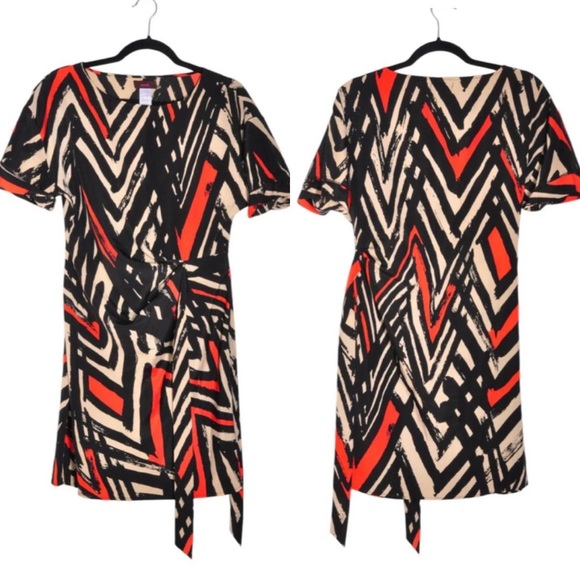 Mark. Faux Wrap Tie Waist Black and Tan  Midi Dres. Abstract Pattern, Modest. - Picture 3 of 8